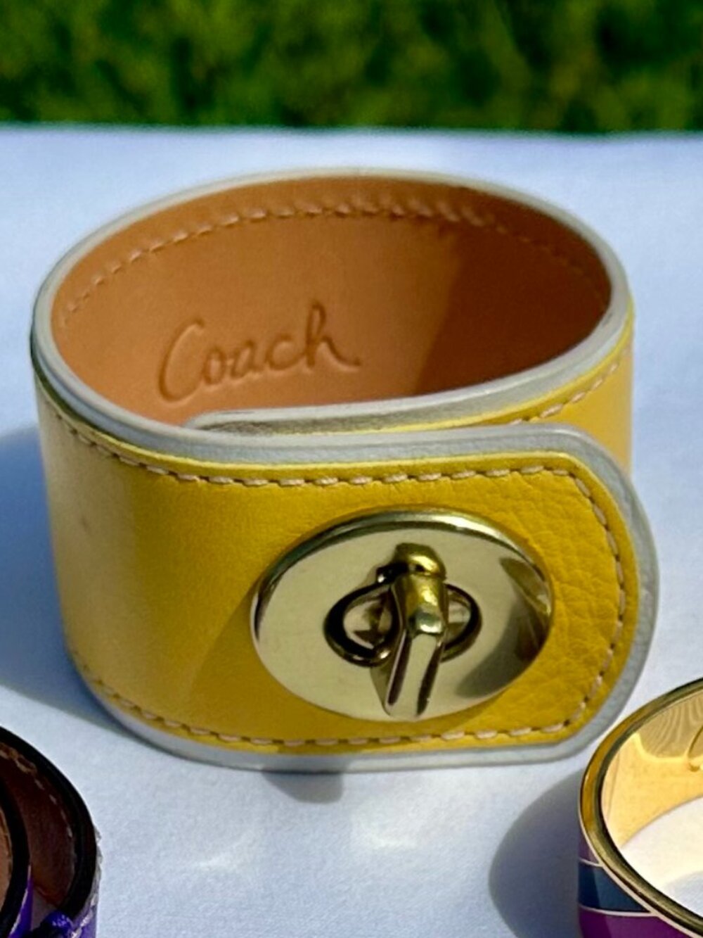 NEW COACH Leather Yellow Cuff Bracelet with Turnlock Closure